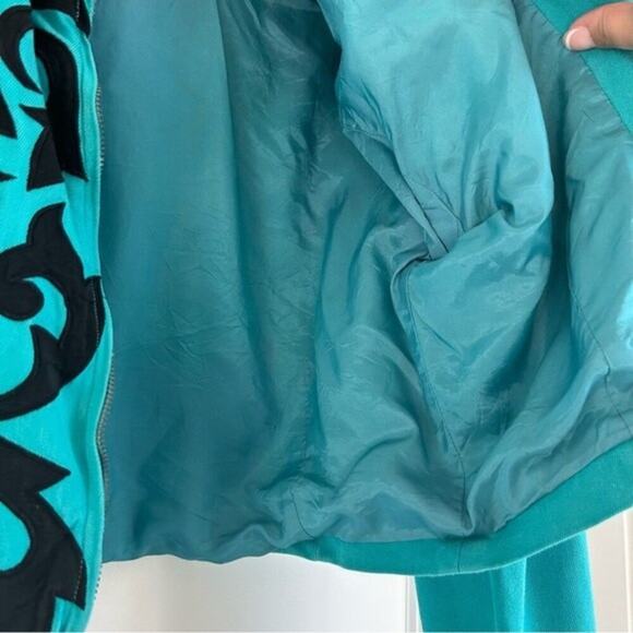 Vintage 1990s Cropped Jacket Shoulder Pads Western Teal Turquoise Dolly Parton M - Picture 7 of 11